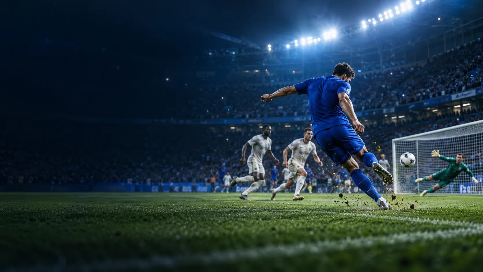 Un attaccante calcia verso la porta in uno stadio illuminato di sera
